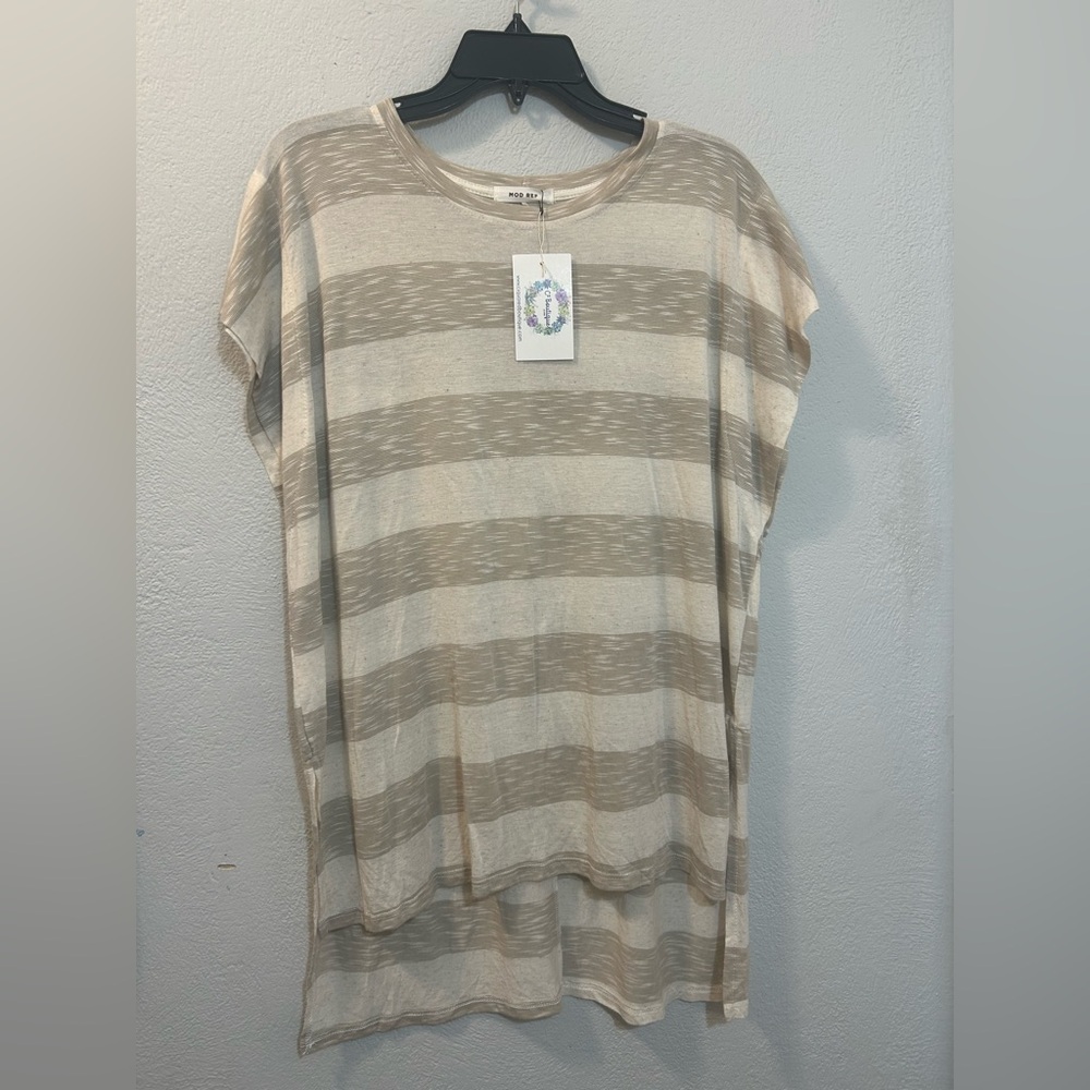 Mod Ref Beige and Cream Striped Short Sleeve Top
